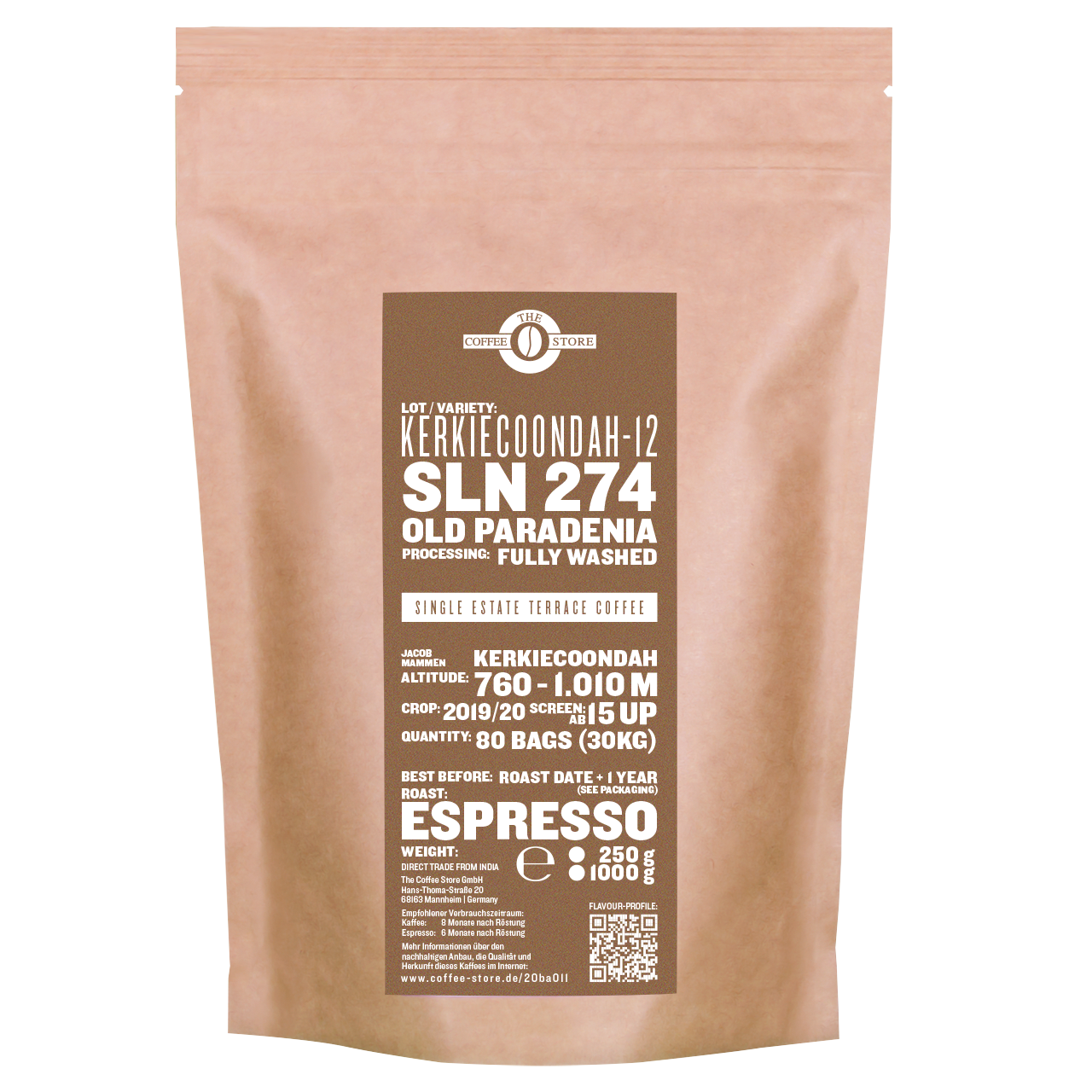 Eine Tüte gerösteter Kaffee von The Coffee Store. Espressoröstung Varietät SLN 274/Old Paradenia.