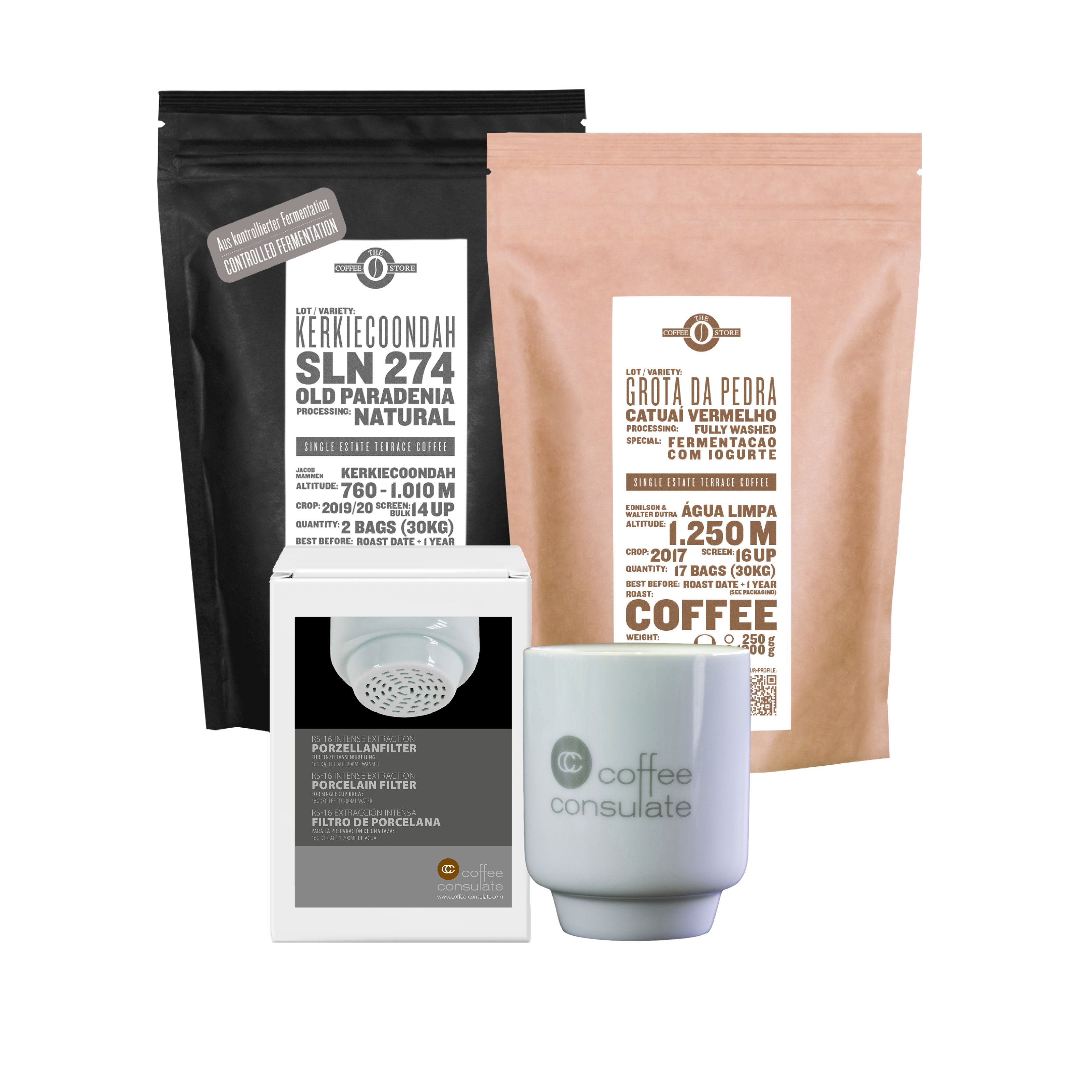 RS16 Porzellanfilter + Auflage + 2x 250g Kaffee (ausgenommen Gesha) 
