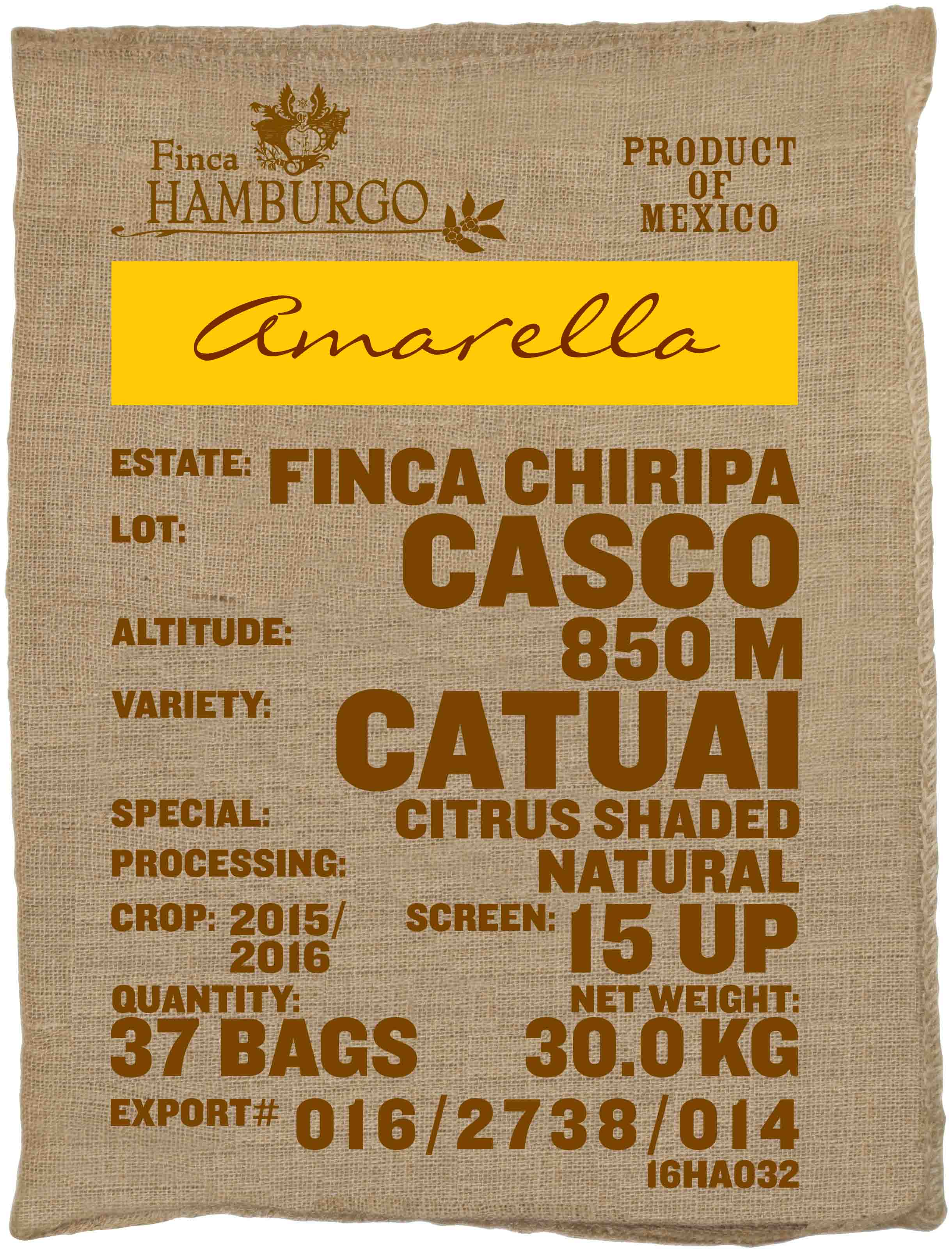 Ein Rohkaffeesack amarella Parzellenkaffee Varietät Catuai. Finca Chiripa Lot Chiripa.