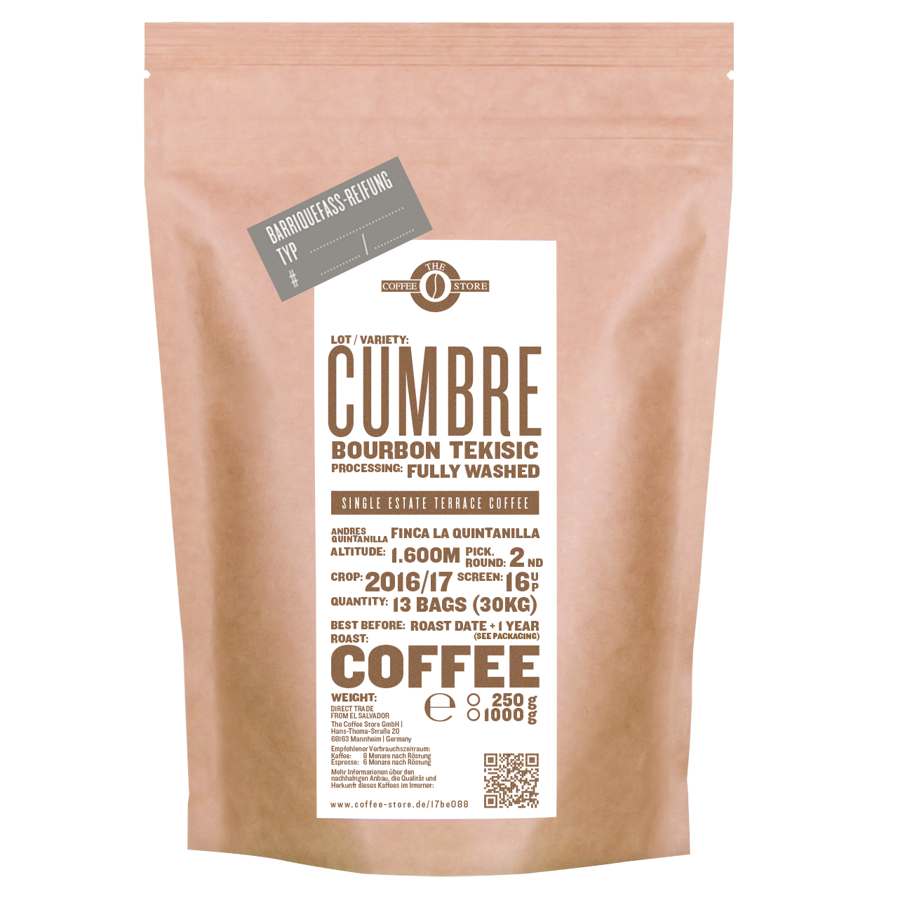 Eine Tüte gerösteter Kaffee von The Coffee Store. Kaffeeröstung Varietät Bourbon Tekisic im Fass gereift.