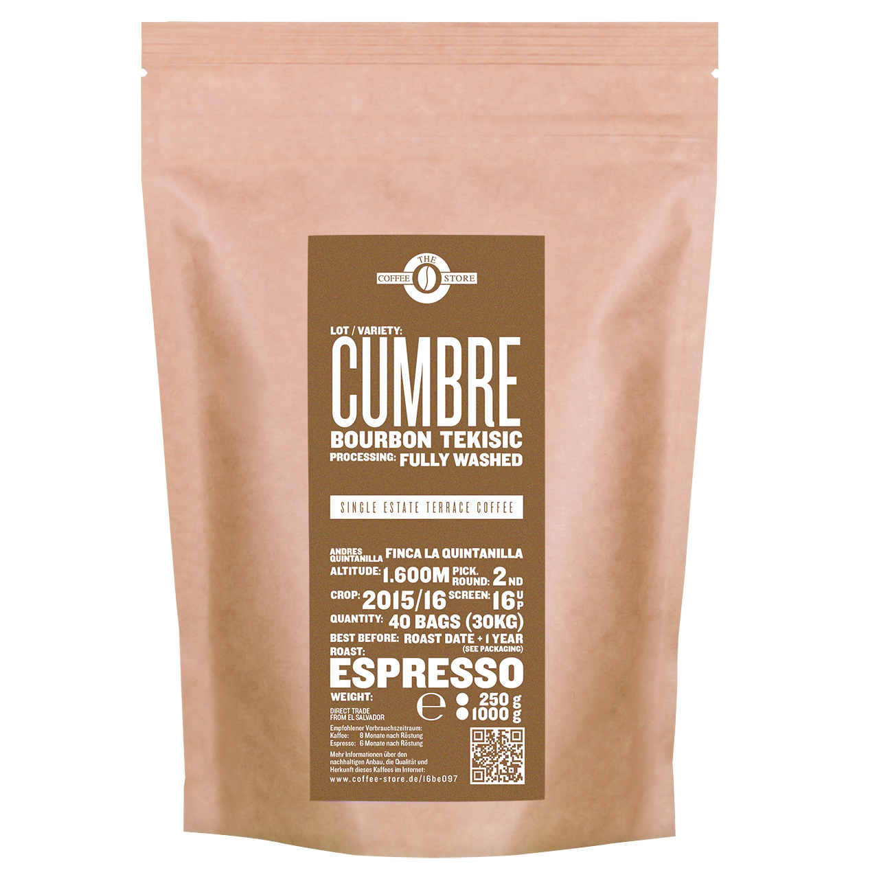 Eine Tüte gerösteter Kaffee von The Coffee Store. Espressoröstung Varietät Bourbon Tekisic.