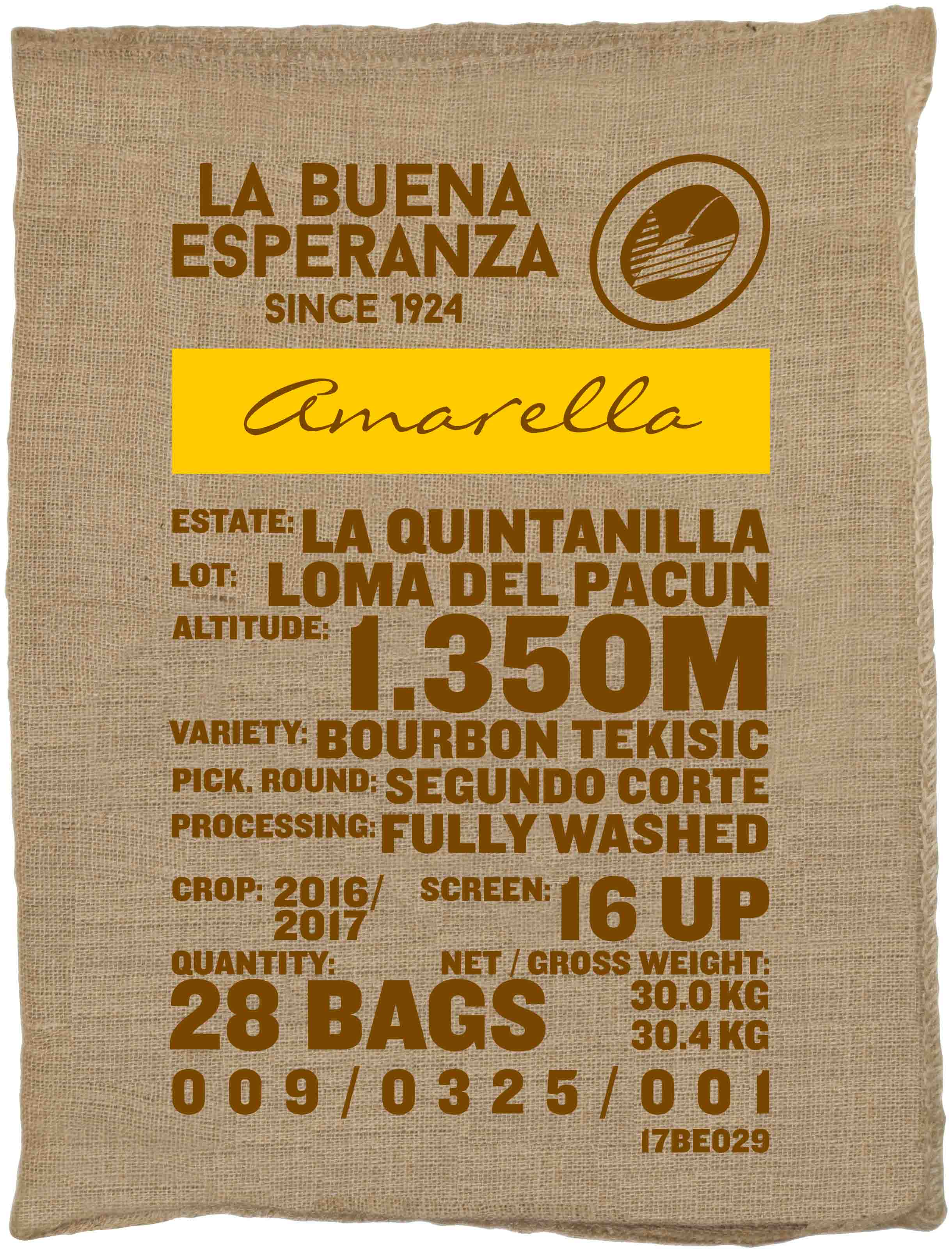 Ein Rohkaffeesack amarella Parzellenkaffee Varietät Bourbon Tekisic. Finca La Buena Esperanza Lot Loma del Pacun. 