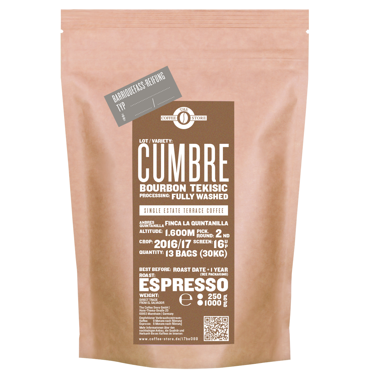 Eine Tüte gerösteter Kaffee von The Coffee Store. Espressoröstung Varietät Bourbon Tekisic im Fass gereift.