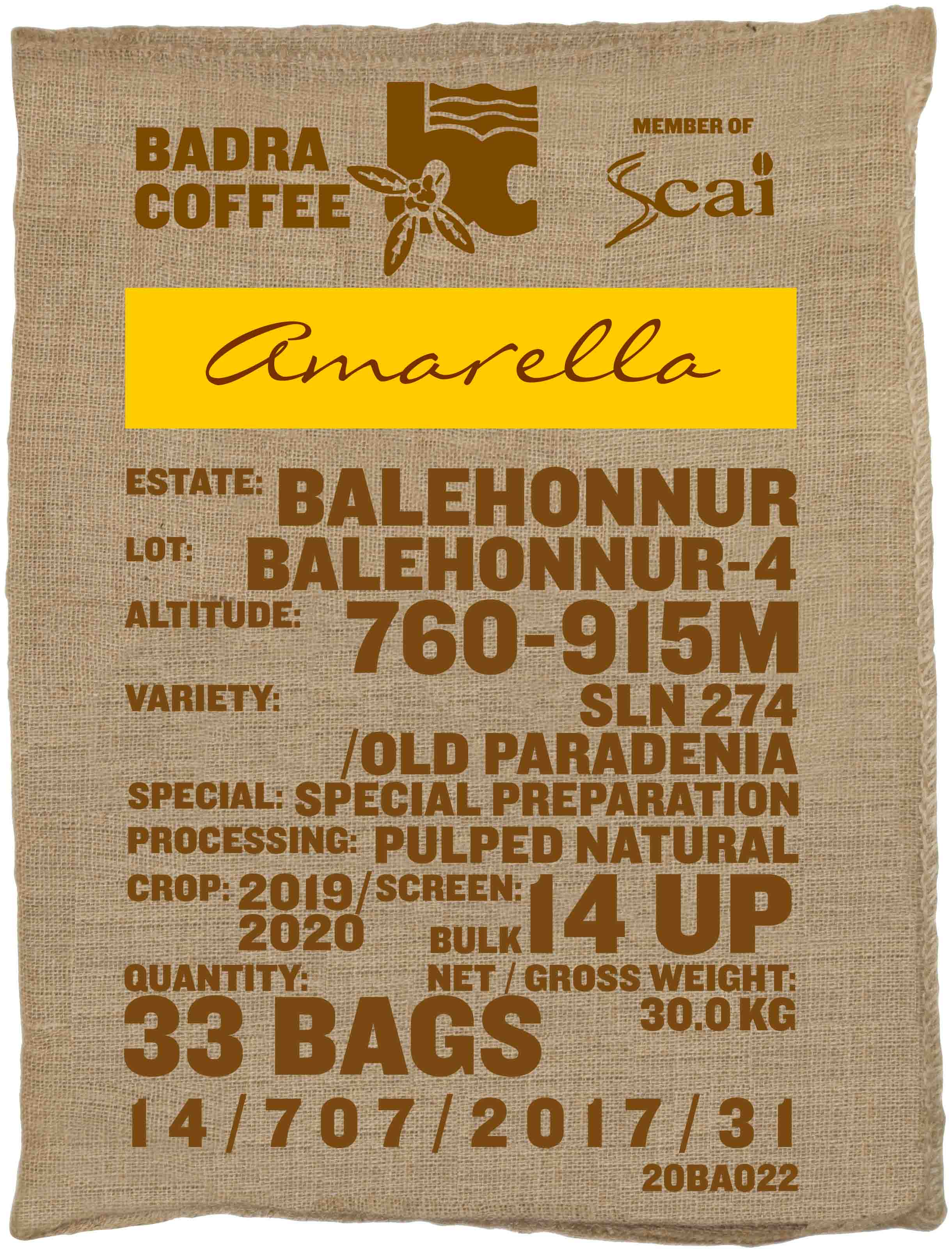 Ein Rohkaffeesack amarella Parzellenkaffee Varietät SLN 274/Old Paradenia. Badra Estates Lot Balehonnur 4.