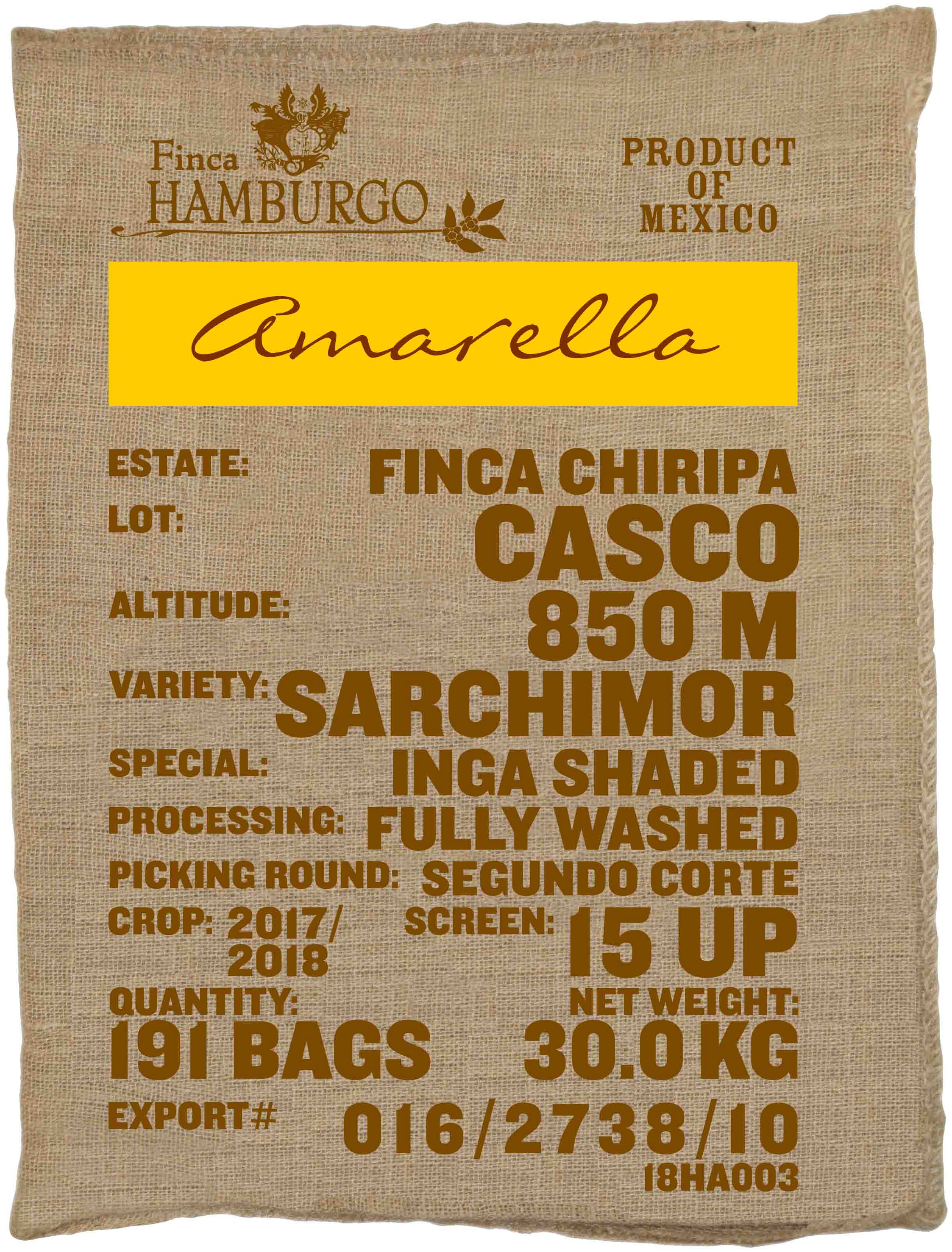Ein Rohkaffeesack amarella Parzellenkaffee Varietät Sarchimor. Finca Chiripa Lot Casco.
