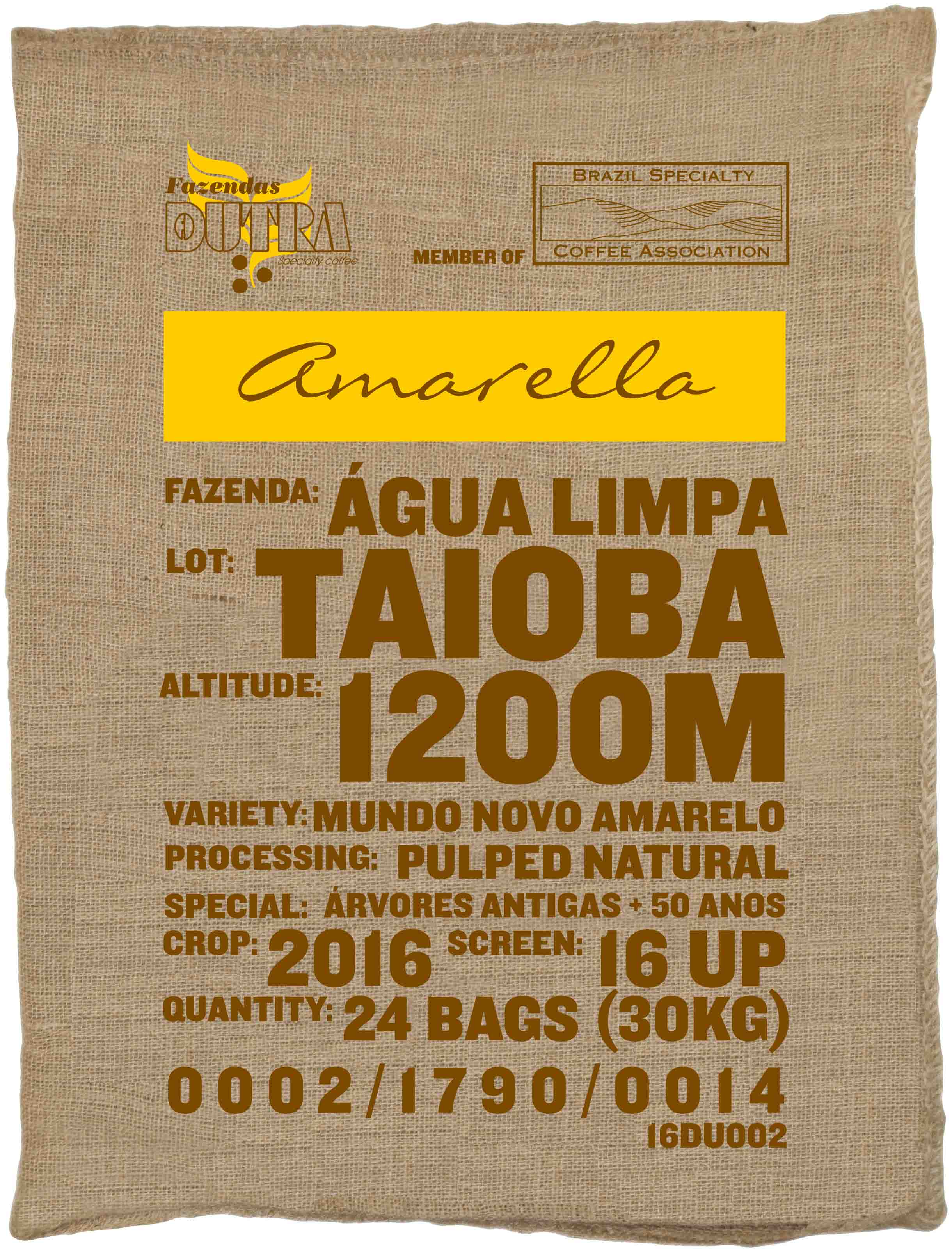 Ein Rohkaffeesack amarella Parzellenkaffee Varietät Mundo Novo amarelo. Fazendas Dutra Lot Taioba.